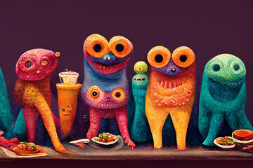 Cute colorful aliens and monsters at the bar having fun. Aliens and monsters drinking bear