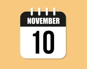 10 day november icon. Black and white november month calendar vector on orange background.