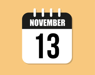 13 day november icon. Black and white november month calendar vector on orange background.