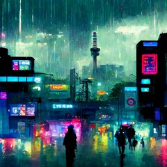 Futuristic city during a gloomy rainy night. Colorful city with people in cyberpunk style