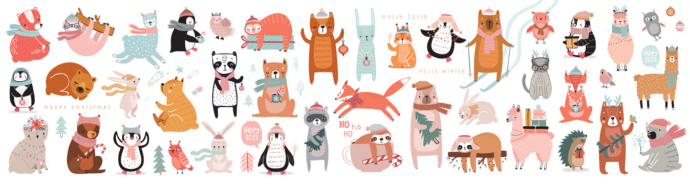 Christmas animals set, hand drawn style, bears, rabbits, sloths, penguins, owls and others.