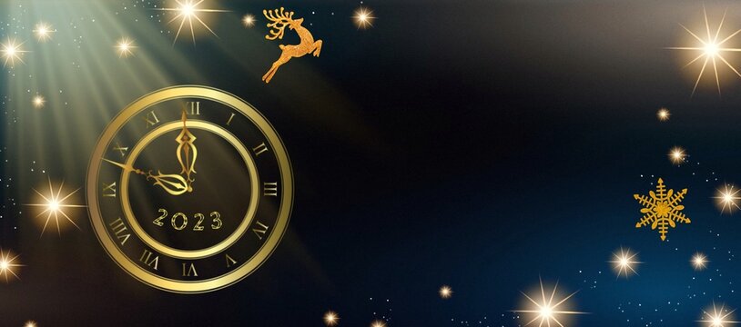 Black And Gold New Year Background With 2023 Number And Clock Time With Stars 