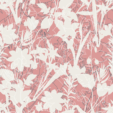 Botanical seamless pattern with white flowers and leaves. Dusty pink spring background. Template design for textiles, interior, clothes, wallpaper.