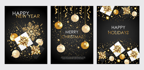 Merry Christmas, Happy New Year, Happy Holidays cards with gift boxes, balls and confetti on black bacground. Modern universal templates. Vector illustration.