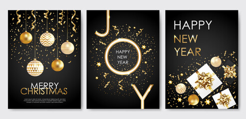 Merry Christmas, JOY, Happy New Year cards with gift boxes, balls, golden type and confetti on black bacground. Modern universal templates. Vector illustration.