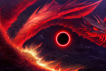 Glowing red eye of black dragon. Digital painting.
