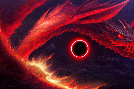 Glowing Red Eye Of Black Dragon. Digital Painting.