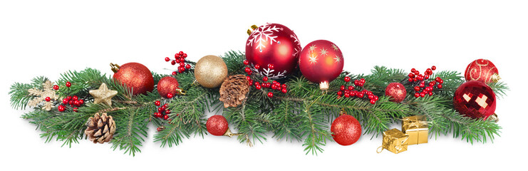 Christmas decorations with  tree branches and  baubles  isolated on white background - obrazy, fototapety, plakaty