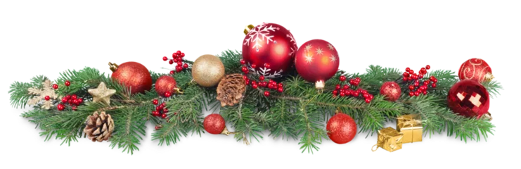 Foto op Plexiglas Christmas decorations with  tree branches and  baubles  isolated on white background © BillionPhotos.com