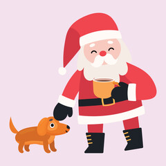 Cute Funny Santa Claus with Cup of Cocoa petting Puppy, Vector Hand Drawn Design, Cartoon Style, Happy Character