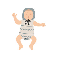 Boho Sleeping newborn baby portrait in a cap. Baby Shower clipart little boy or girl for Nursery print. Vector Bohemian child cartoon design