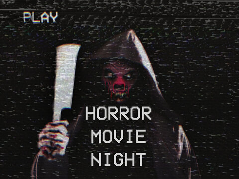 Fake VHS tape screen: a monster dressed as a monk or friar, showing an axe chopper blade, with the overimposed text Horror Movie Night. Scary weird Halloween frame.
