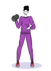 Slender woman in a jogging suit holds dumbbells.