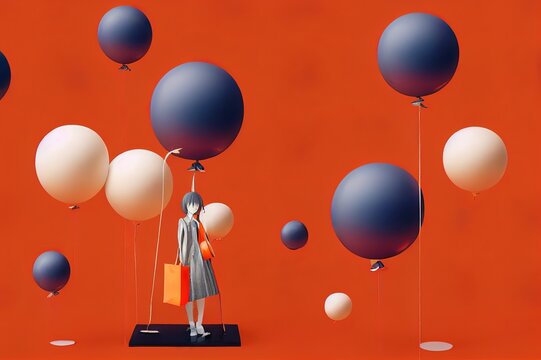 3d rendering of promotion sale with orange podium gifts shopping bag and balloon on minimal orange background