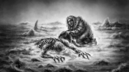 Fototapeta na wymiar Scary demon crawling out of lake lies on shore. Girl covers monster a blanket. Spooky illustration horror fantasy. Twilight, creepy fog and gloomy men. Legends from past. Black and white background.