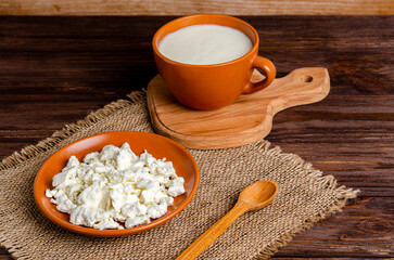 Kefir and cottage cheese in earthenware, homemade fermented products on a wooden background.