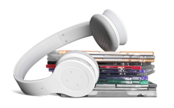Headphones and compact discs  isolated   on background