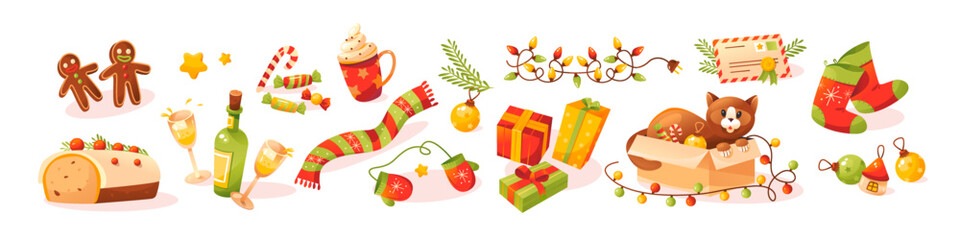 Christmas and new year elements. Festive winter set. Cartoon vector illustration