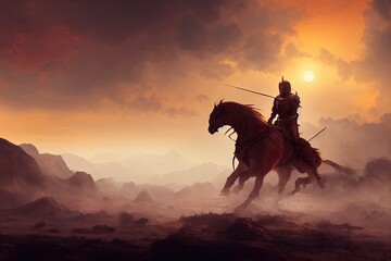 Brave epic knight riding horse on a misty sunset landscape with flying big dragons concept art 3D rendering - obrazy, fototapety, plakaty