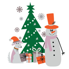 Cute christmas snowman with dog, fir trees and gifts for xmas greeting card, gift bag or box design