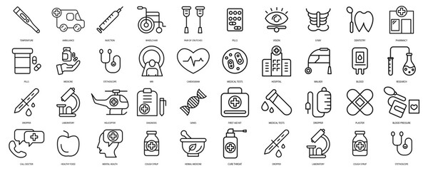 Medical and healthcare icons set. Set of editable stroke icons.Vector set of Medical and healthcare 