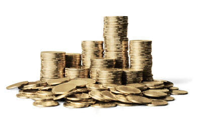 Golden coin stacks on a white background