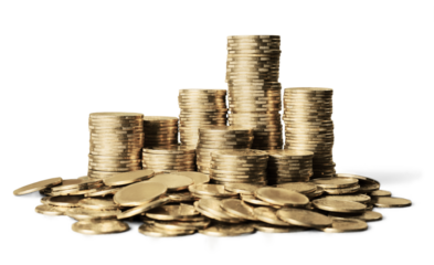 Golden coin stacks on a white background