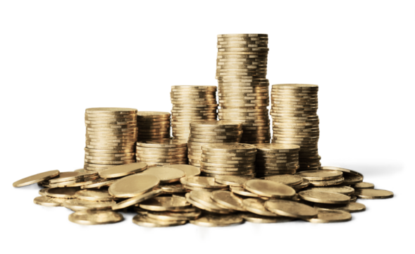 Golden coin stacks on a white background