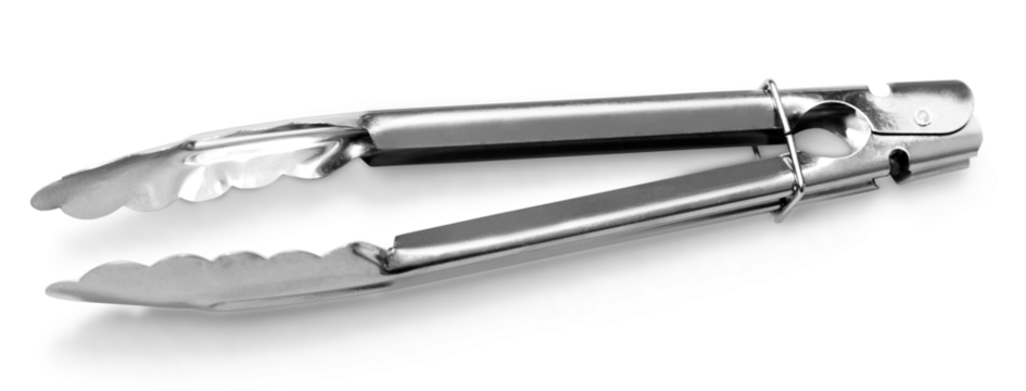 Stainless kitchen tongs isolated on white background