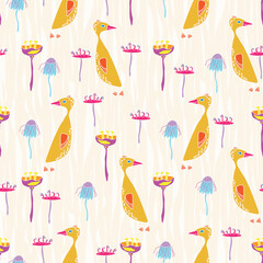 Naive style funny little goose and flowers seamles pattern.