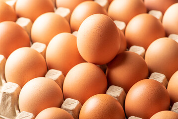 Eggs, detail of red eggs in a row, selective focus.