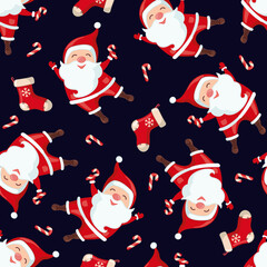 Cute seamless pattern with Santa Claus in flat style for Christmas and New Year holiday.