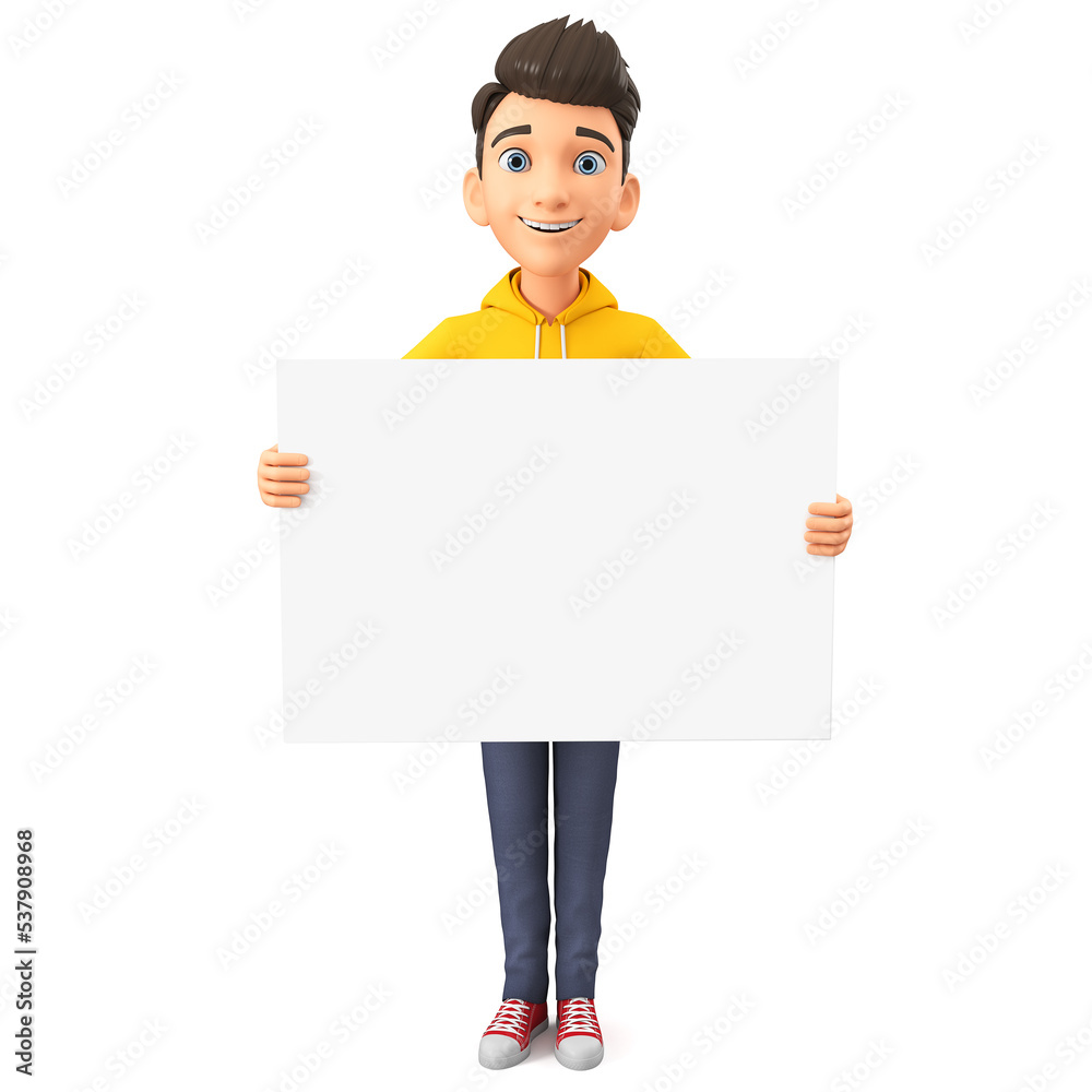 Wall mural Cartoon character cheerful guy holding an empty board. 3d render illustration.