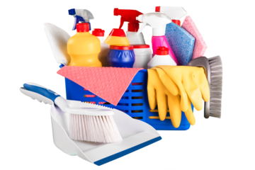 Plastic bottles and  cleaning sponges on background