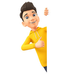 Cartoon character cheerful guy thumb up and peeking out from behind an empty board. 3d render illustration.