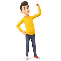 Cartoon character cheerful guy shows strength. 3d render illustration.