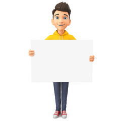 Cartoon character cheerful guy holding an empty board. 3d render illustration.