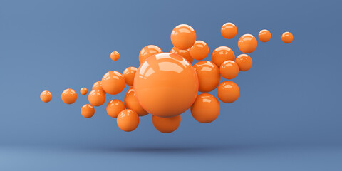 Orange spheres on a blue background. 3d render illustration. Abstraction for the background.