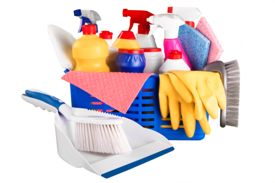 Plastic bottles and  cleaning sponges on background