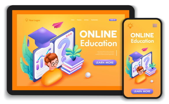 Template Website Isometric Landing page concept Institute, education, Courses. Diploma, graduation. Easy to edit and customize, Responsive