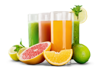 Tasty fruits  and juice with vitamins on background
