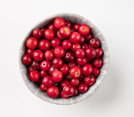 Juicy forest lingonberry in a  bowl on a white isolated background. Healthy food concept.