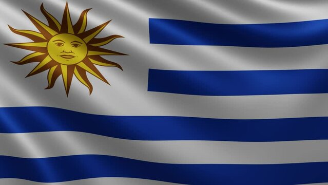  The Uruguayan flag flutters in the wind close-up, the national flag of Uruguay flutters in 3d, in 4k resolution. High quality 4k footage