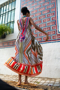 Anonymous slim moan in silk long dress movement