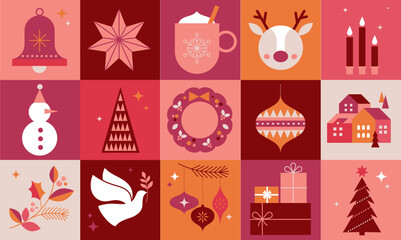 Merry Christmas modern design, holiday gifts, winter elements, candles, Christmas tree, village and Xmas decorations. Colorful vector illustration in flat geometric cartoon style