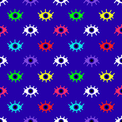 Fototapeta na wymiar Seamless pattern of multicolored abstract eyes on a blue background. Vector illustration 