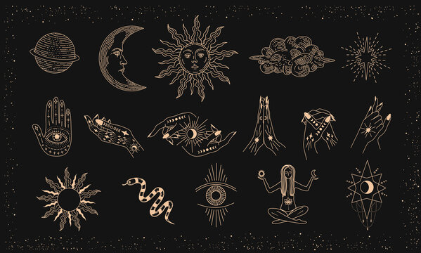 Set of linear vector illustrations. Hand drawn celestial illustrations depicting the sun, moon, planet, clouds. design elements for decoration in a modern style. magic drawings.