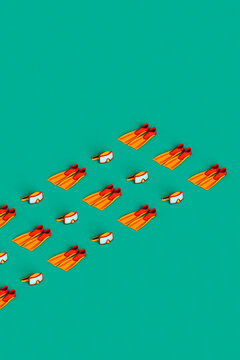 rows of scuba masks and flippers