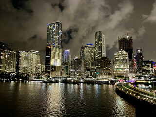 Dramatic skyline of downtown Miami at night