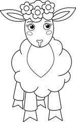 Sheep in a wreath - a vector linear picture for coloring. Outline. Little sheep, lamb in a wreath for a children's coloring book